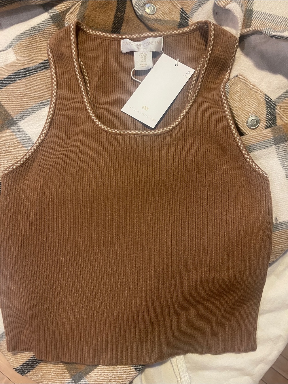 Caroline Constas Chocolate Ribbed Tank with Contrast Stitch